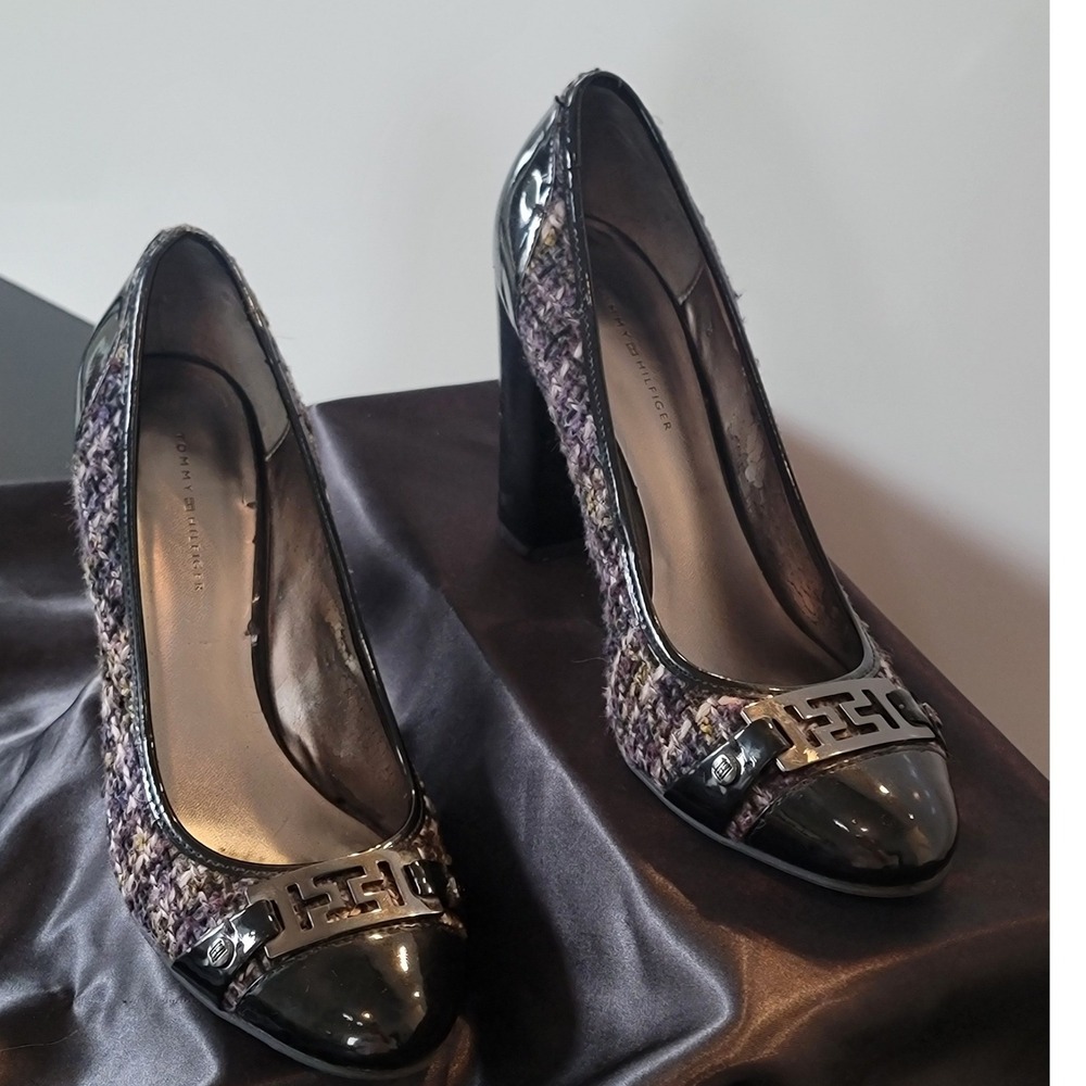 Tommy Hilfiger Purple Tweed Patent‎ Leather Block Heel Pumps Womens 8.5M